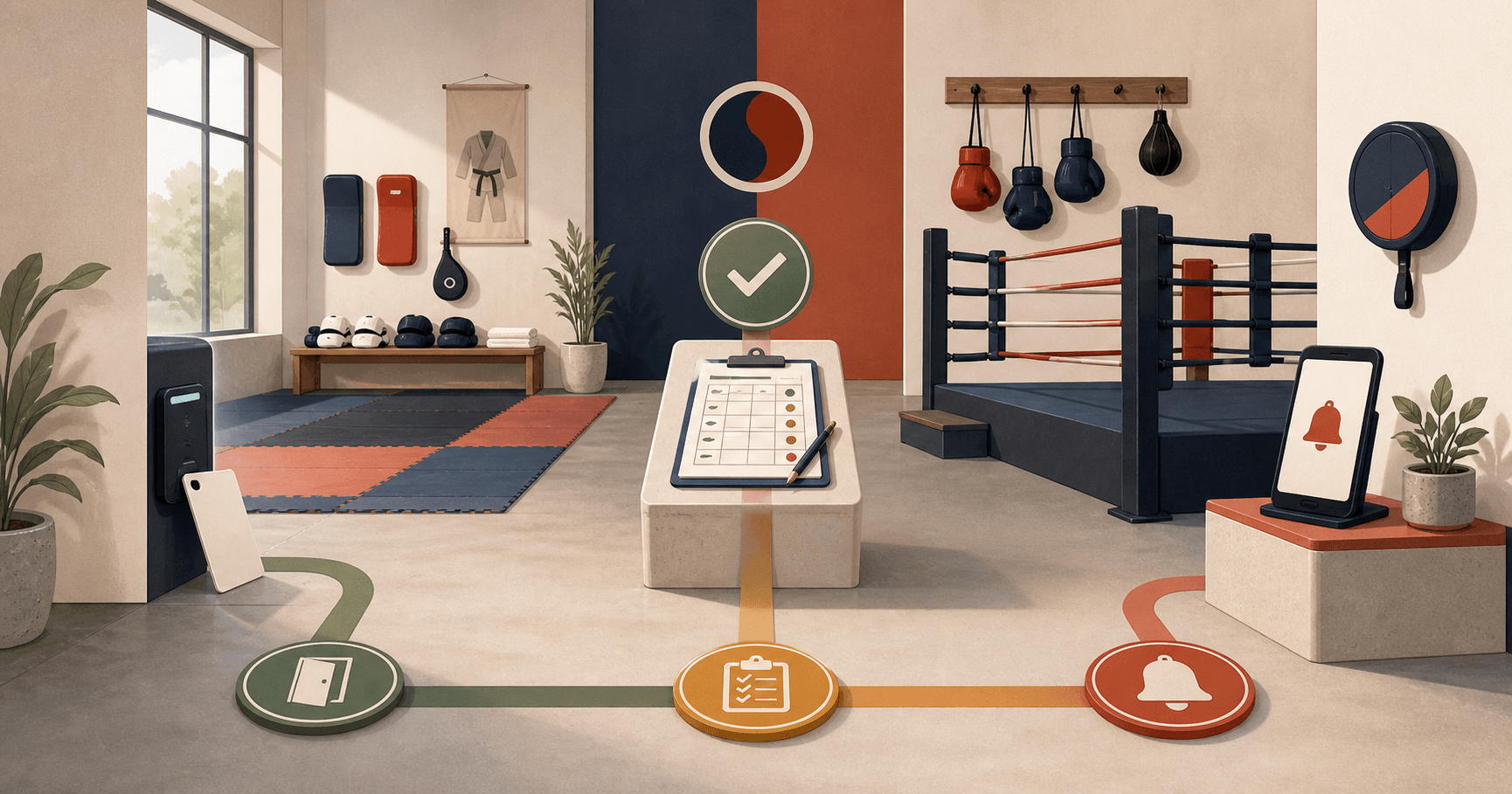 Tatami ve boks antrenman alanlarını, giriş kartını, ders yoklama panosunu ve veli bildirim akışını birleştiren yazısız editoryal illüstrasyon